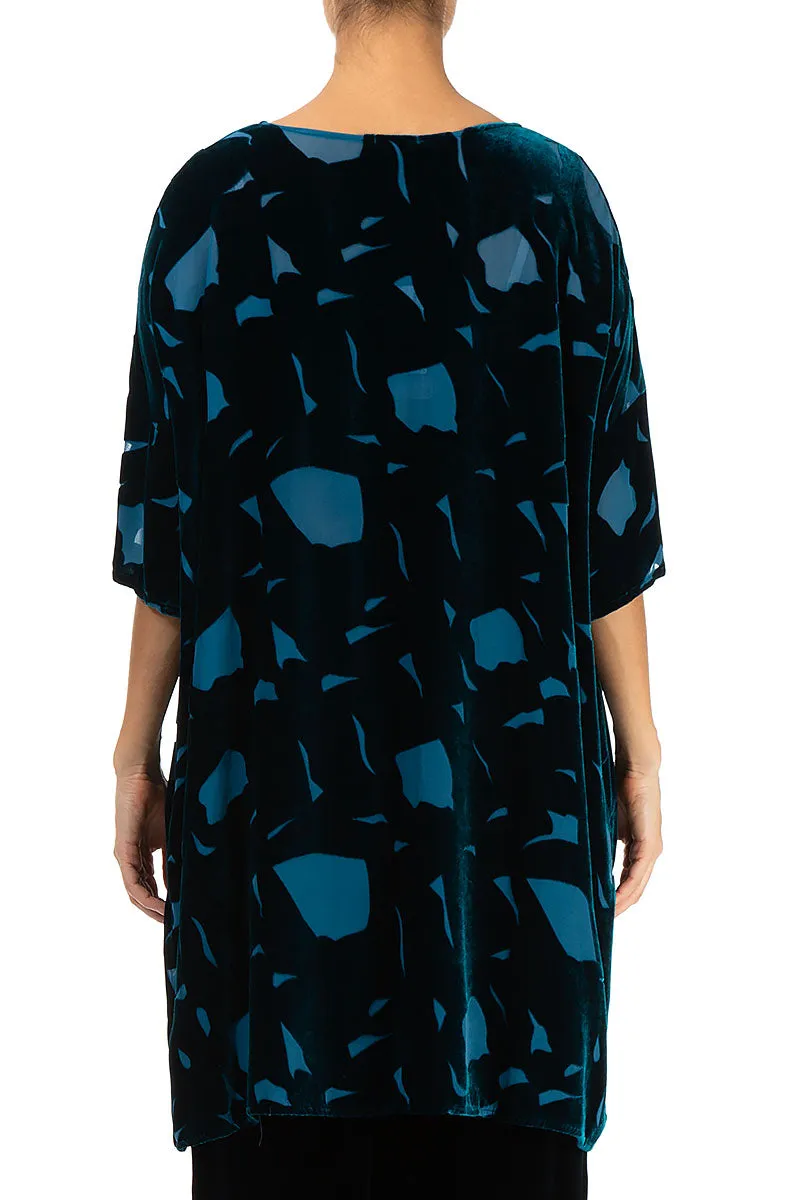 Abstract Devoré Petrol Blue Silk Velvet Tunic