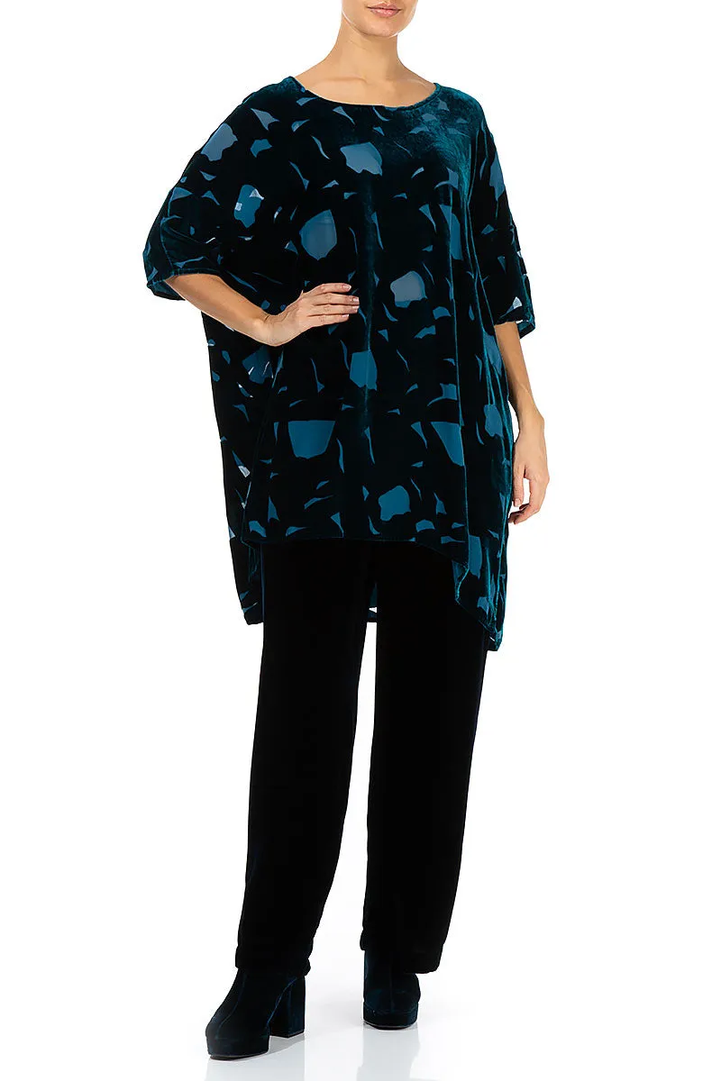 Abstract Devoré Petrol Blue Silk Velvet Tunic