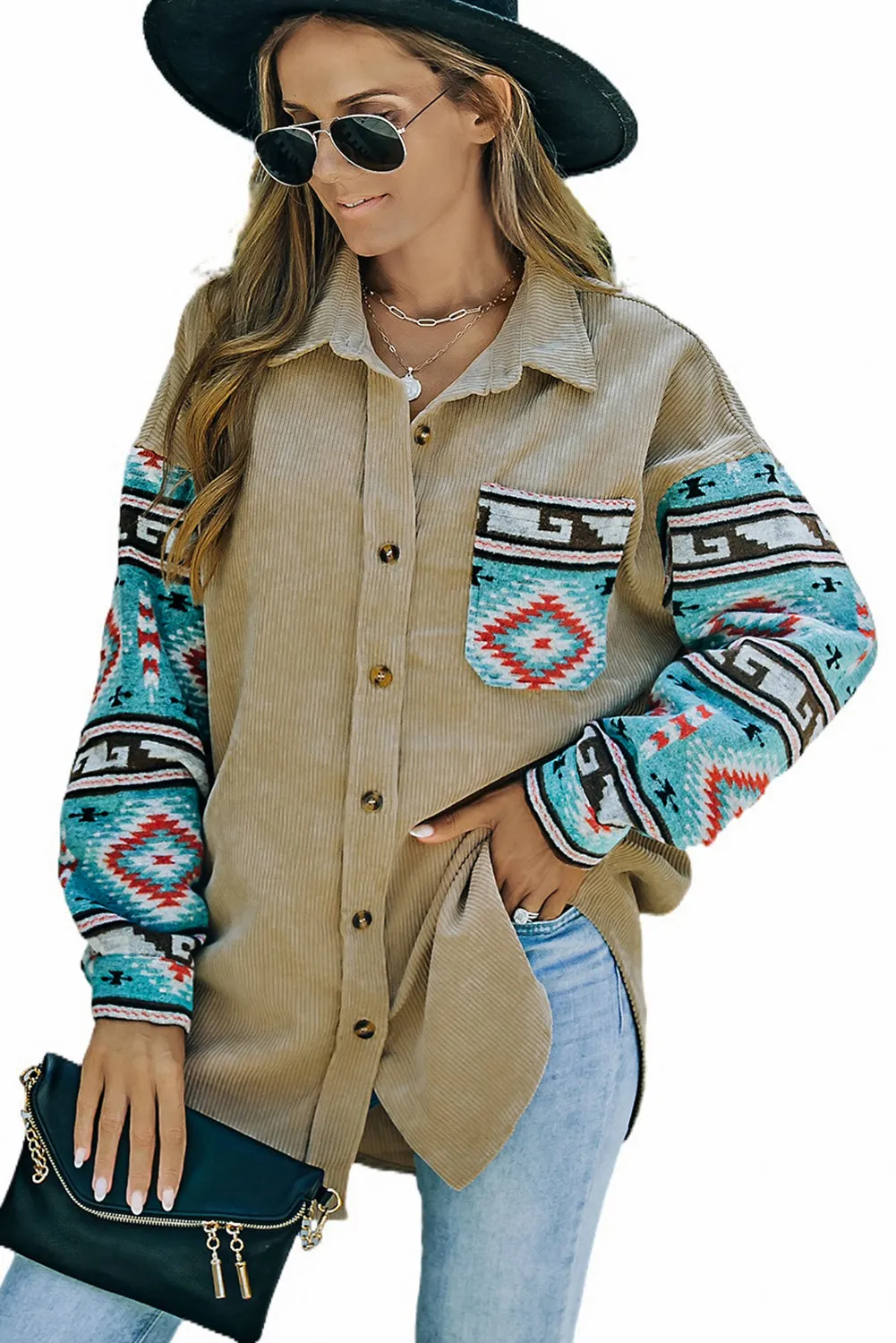 Aztec Pattern Sleeve Pocketed Corduroy Shacket