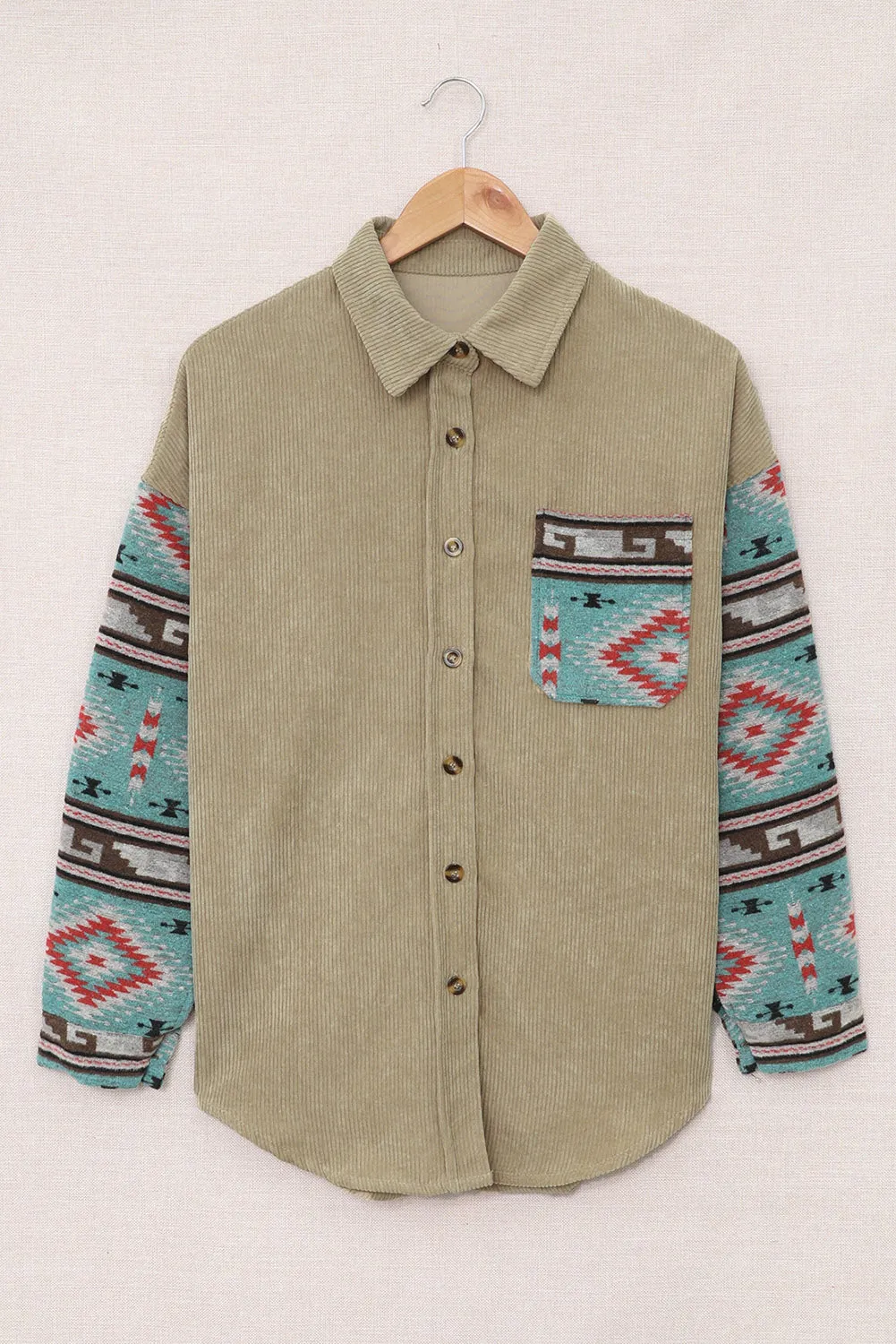 Aztec Pattern Sleeve Pocketed Corduroy Shacket