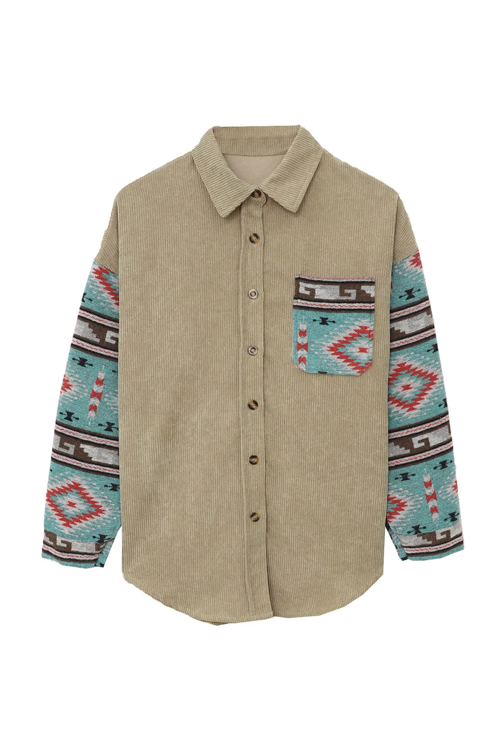 Aztec Pattern Sleeve Pocketed Corduroy Shacket