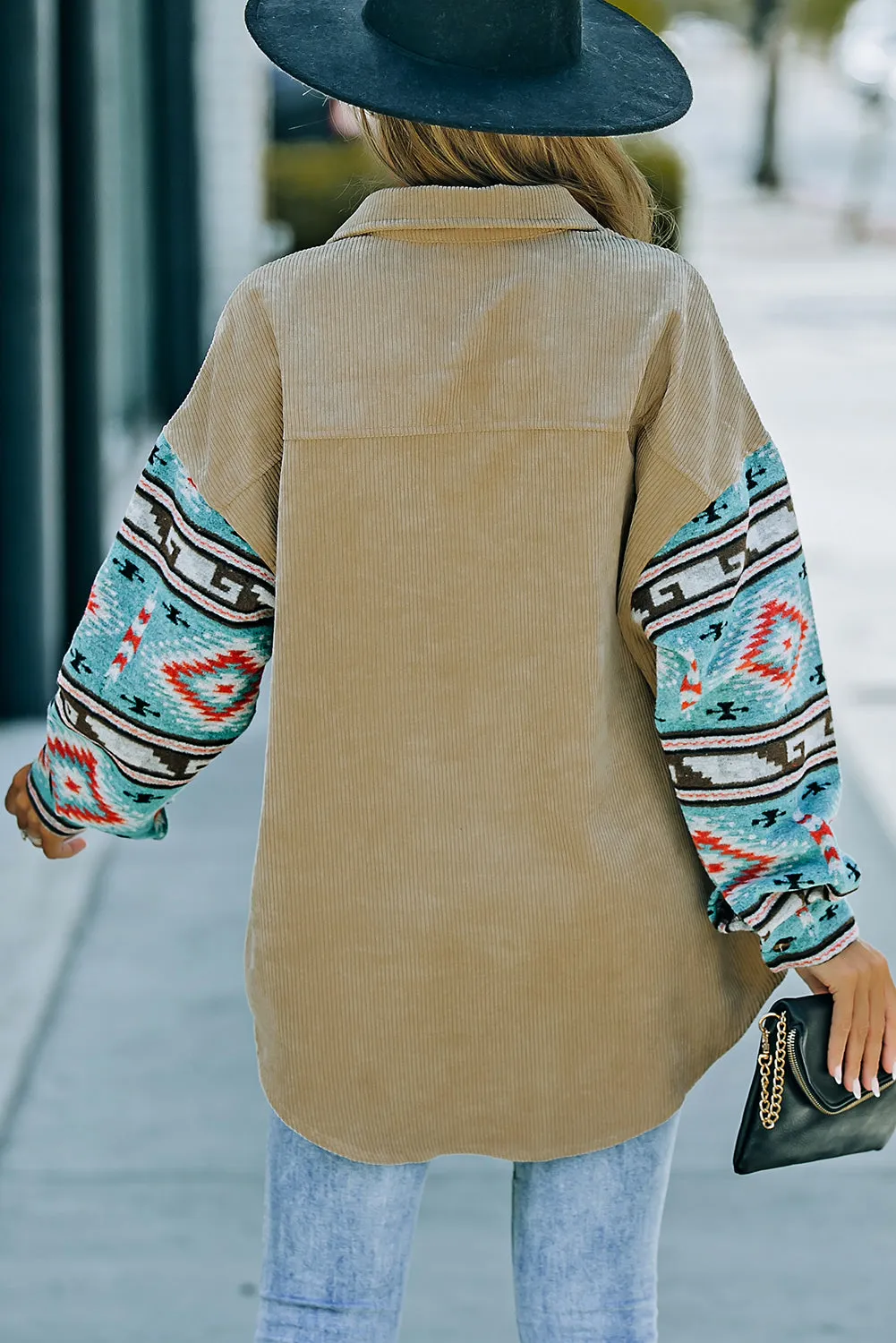 Aztec Pattern Sleeve Pocketed Corduroy Shacket