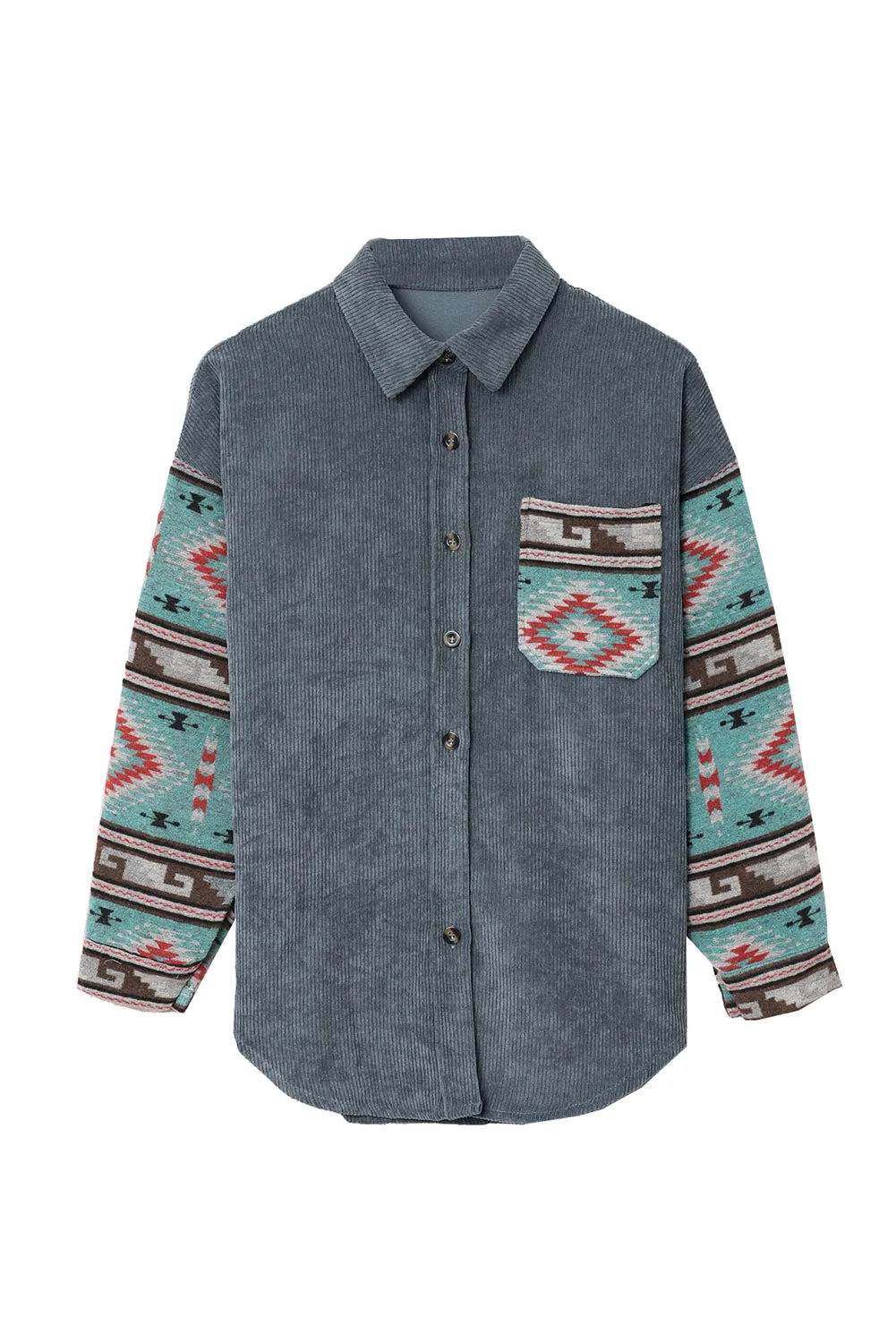 Aztec Pattern Sleeve Pocketed Corduroy Shacket