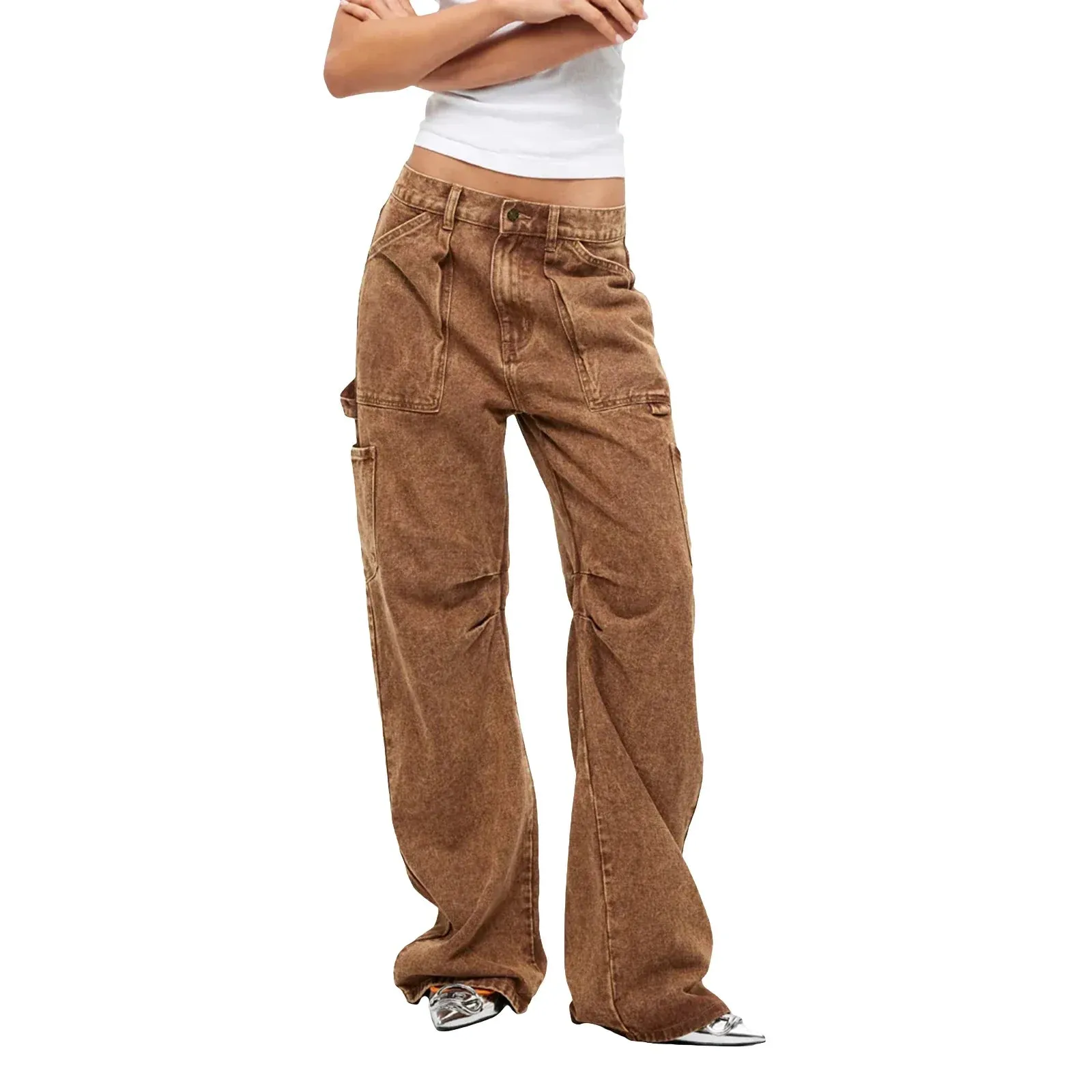 Baggy Straight Fall Trendy Lounge Cargo Pocketed Trousers High-Waisted Pants