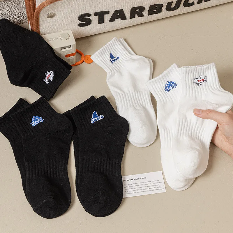 Black And White Embroidered Shark Pure Cotton Sweat Absorbing Athletic Socks