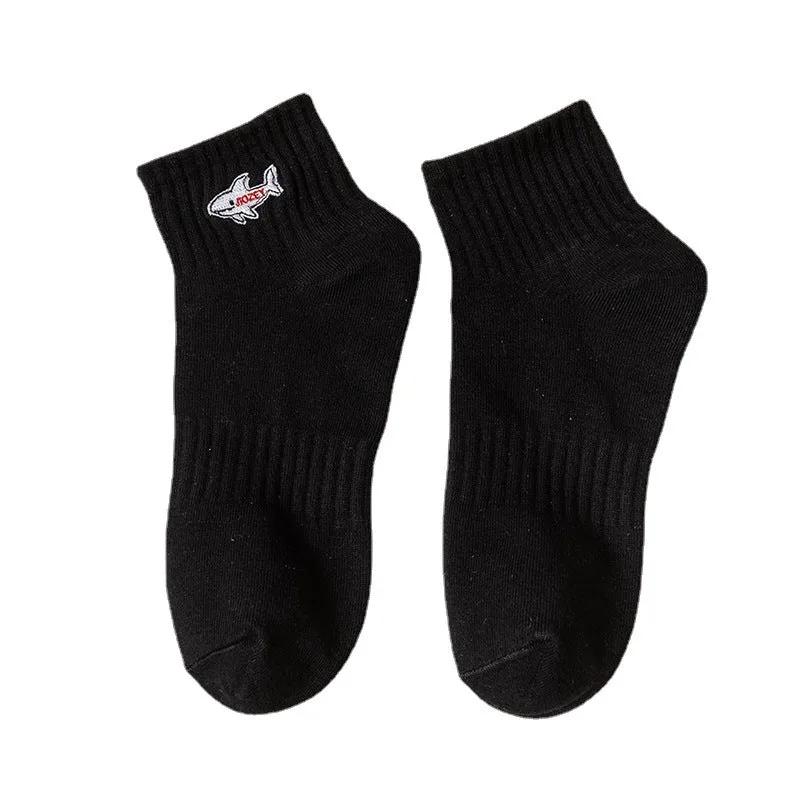 Black And White Embroidered Shark Pure Cotton Sweat Absorbing Athletic Socks