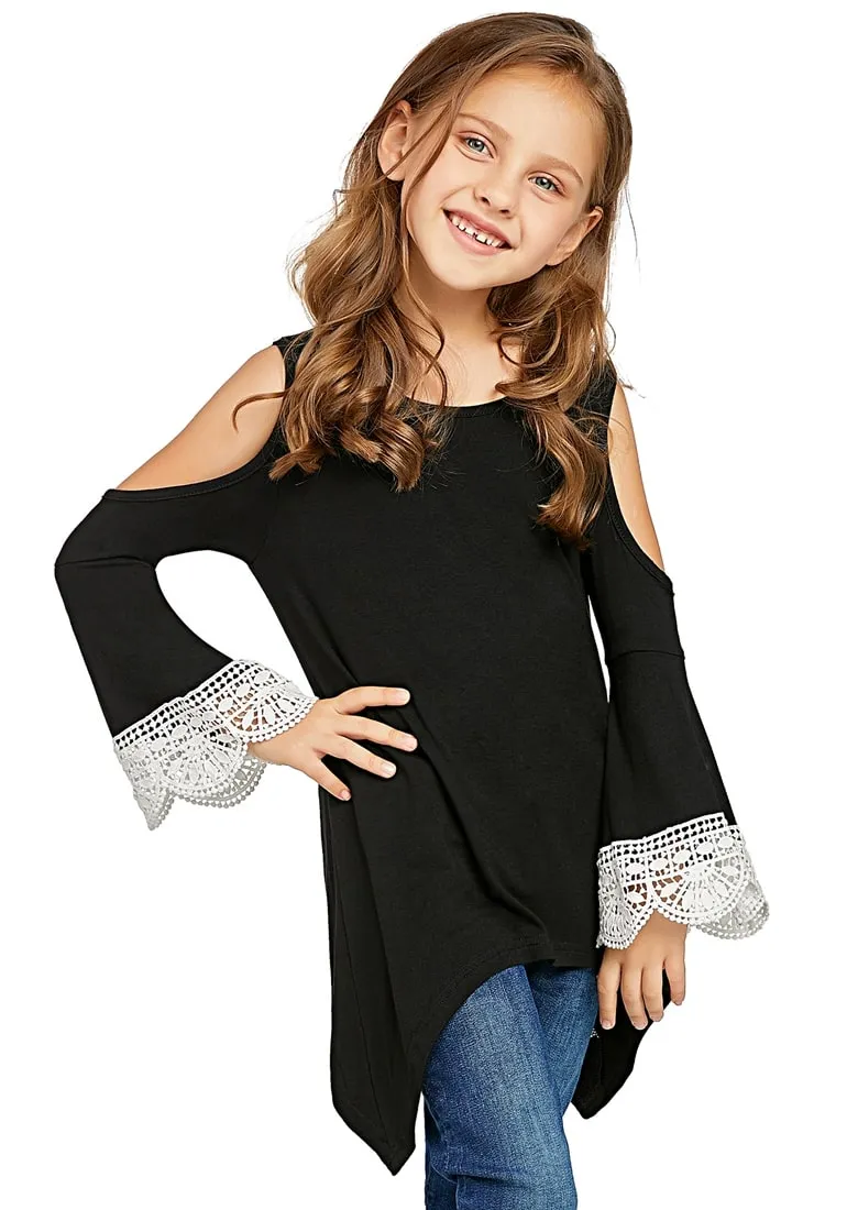 Black Cutout Shoulder Crochet Flare Sleeves Girl Tunic