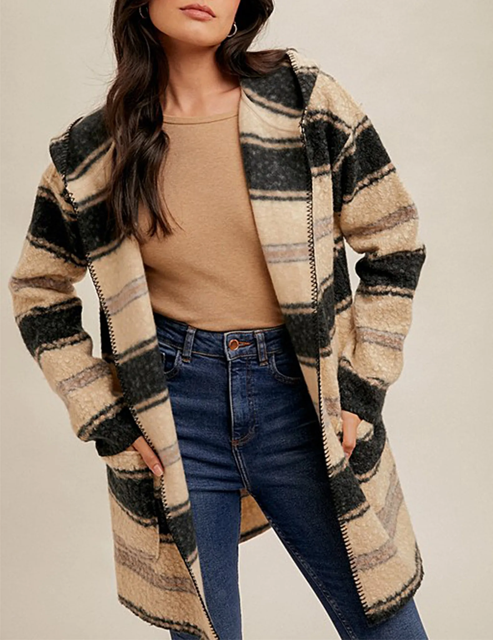 Blaire Boucle Striped Hooded Coat