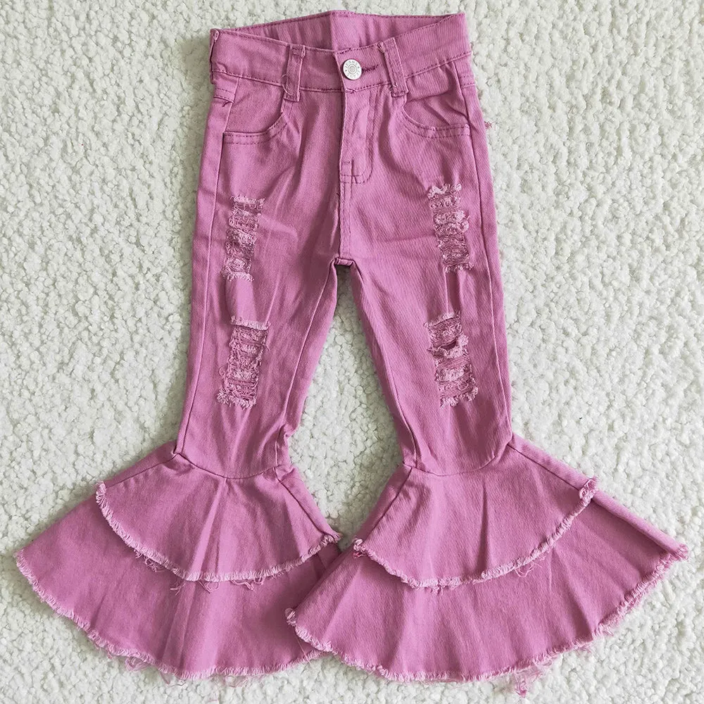 Boutique Baby Girls Denim Pants Girls Jeans Double Ruffle Bell Bottom Pants C13-11