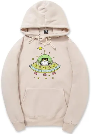 CORIRESHA Space Lover Hoodie Long Sleeve Drawstring Cute Cat Spaceship Sweatshirt