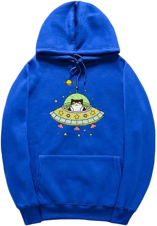 CORIRESHA Space Lover Hoodie Long Sleeve Drawstring Cute Cat Spaceship Sweatshirt