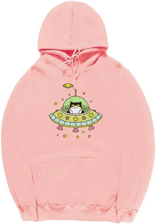 CORIRESHA Space Lover Hoodie Long Sleeve Drawstring Cute Cat Spaceship Sweatshirt