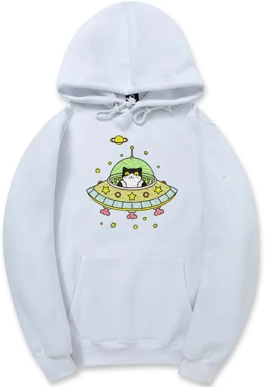 CORIRESHA Space Lover Hoodie Long Sleeve Drawstring Cute Cat Spaceship Sweatshirt