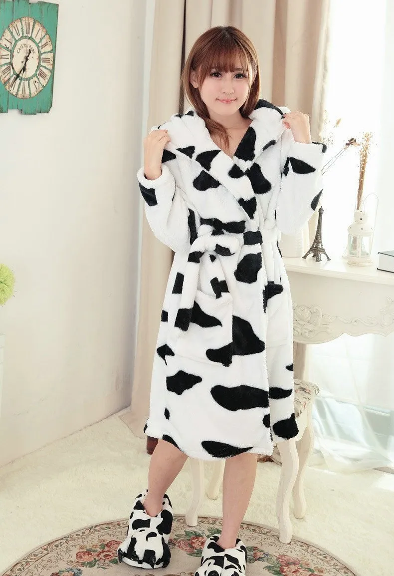 Cow Pajamas Winter Warm Onesies Coral Fleece Hoodie Kigurumi Robe