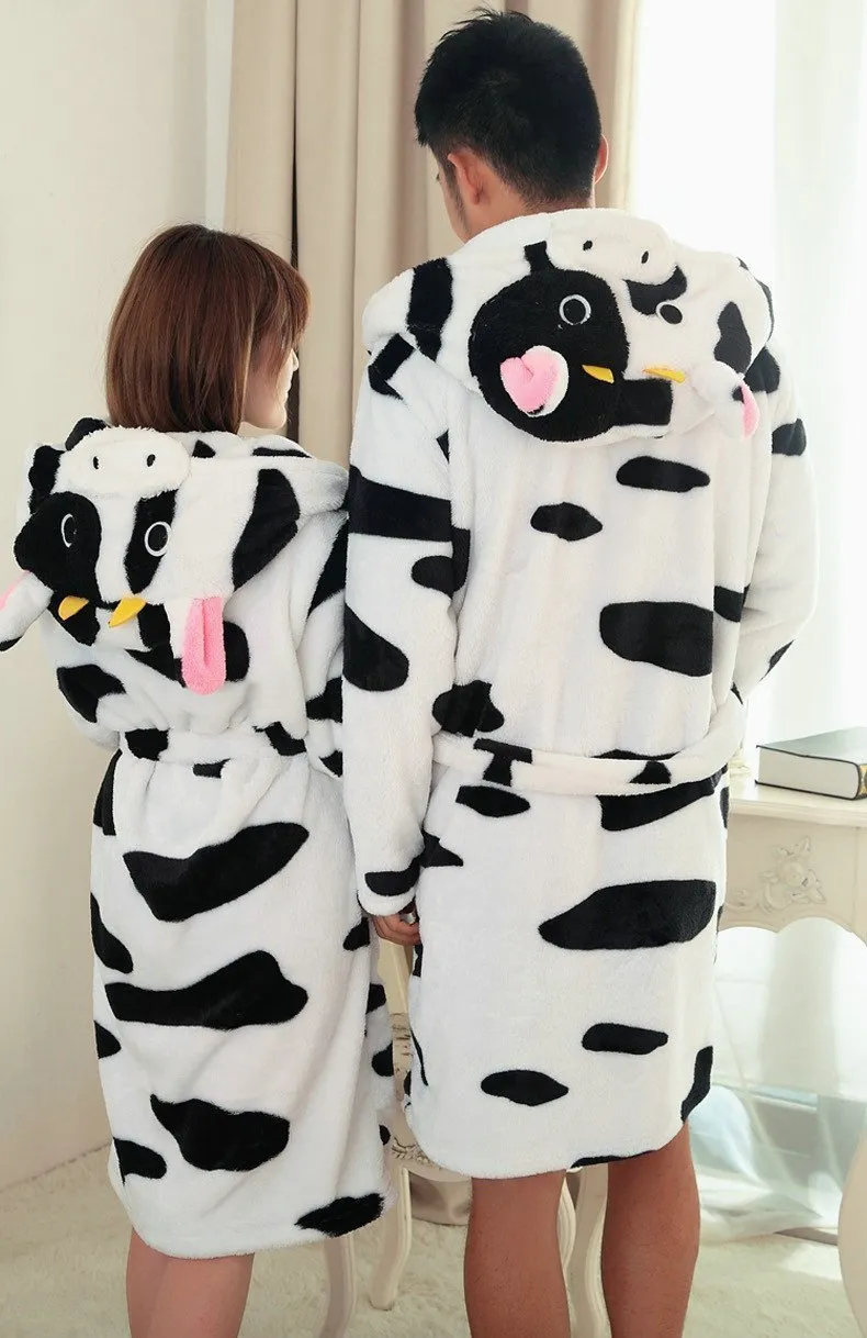 Cow Pajamas Winter Warm Onesies Coral Fleece Hoodie Kigurumi Robe