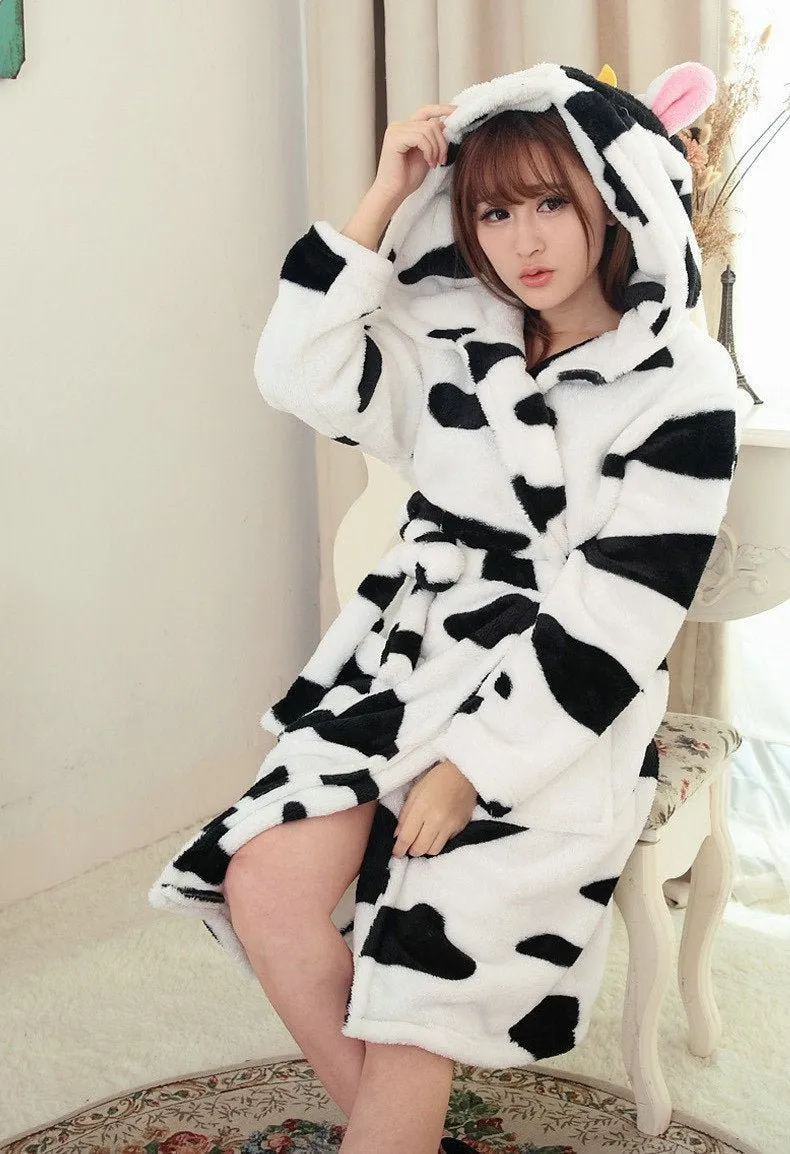 Cow Pajamas Winter Warm Onesies Coral Fleece Hoodie Kigurumi Robe