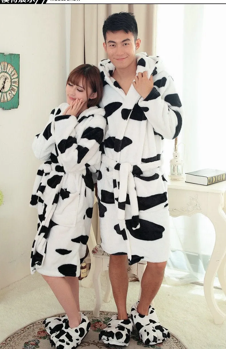 Cow Pajamas Winter Warm Onesies Coral Fleece Hoodie Kigurumi Robe