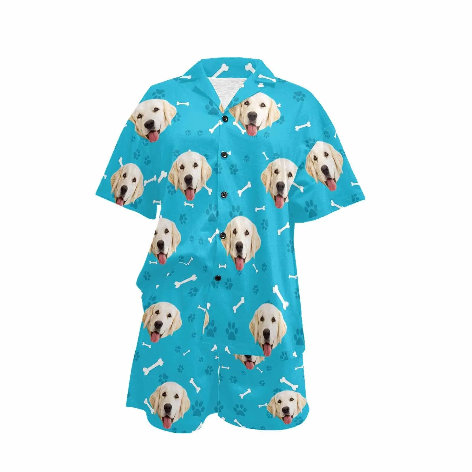 Custom Pet Face Pajamas Dog&Bone Women's V-Neck Short Pajama Set Personalised Sleep or Loungewear For Her