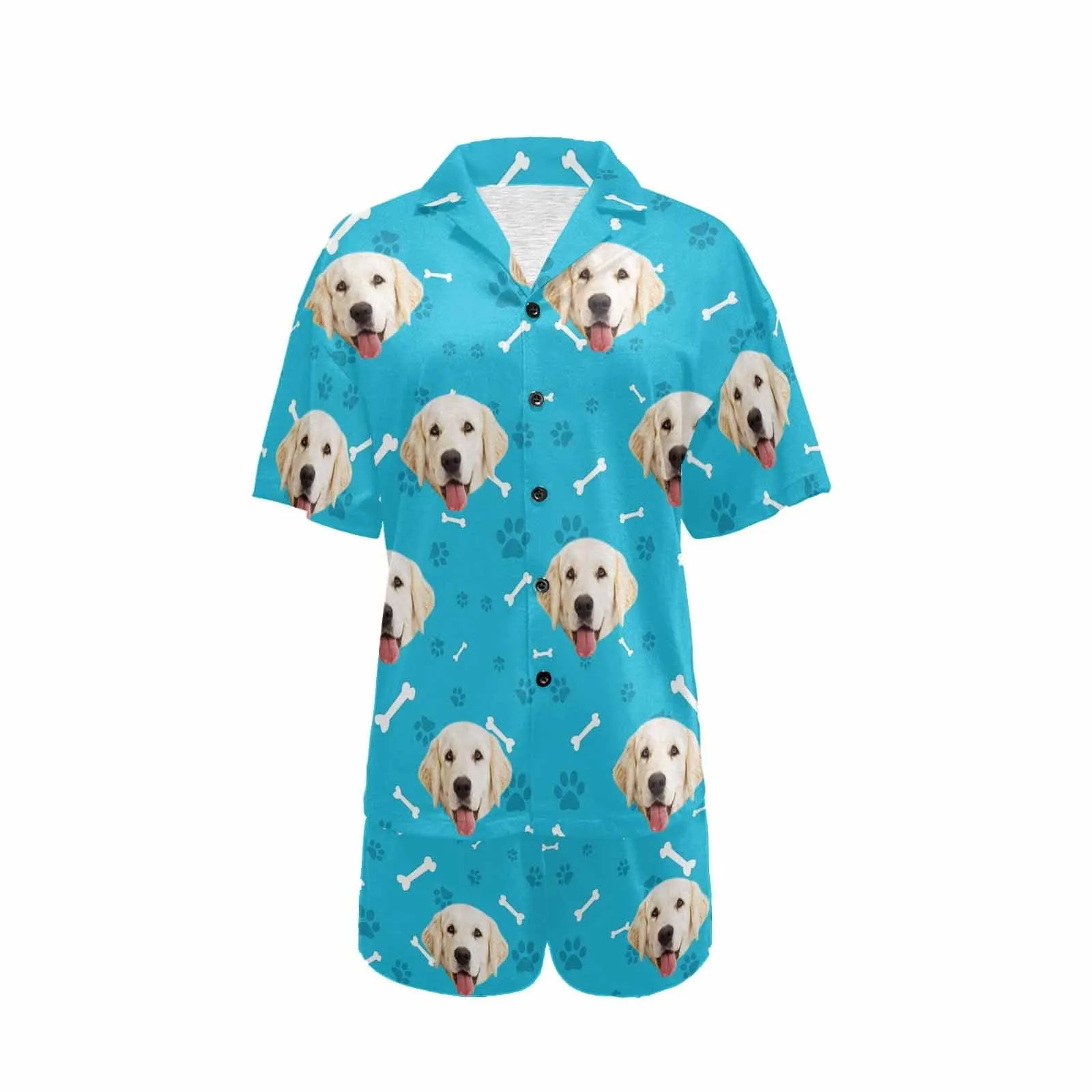 Custom Pet Face Pajamas Dog&Bone Women's V-Neck Short Pajama Set Personalised Sleep or Loungewear For Her