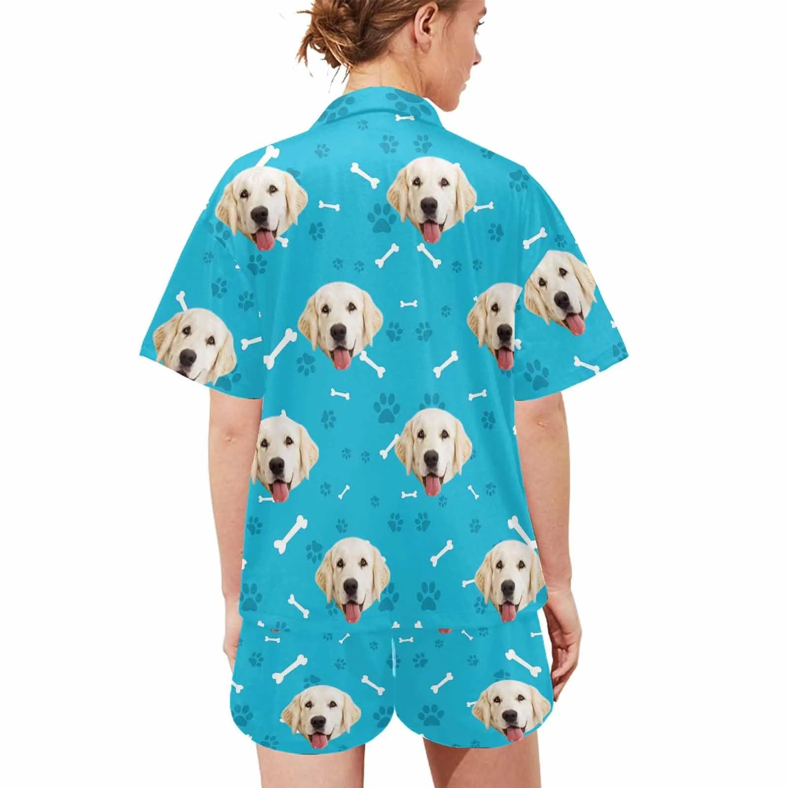 Custom Pet Face Pajamas Dog&Bone Women's V-Neck Short Pajama Set Personalised Sleep or Loungewear For Her