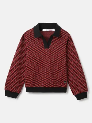 Elle Girls Red Self Design Spread Collar Full Sleeves Pullover Style Sweater