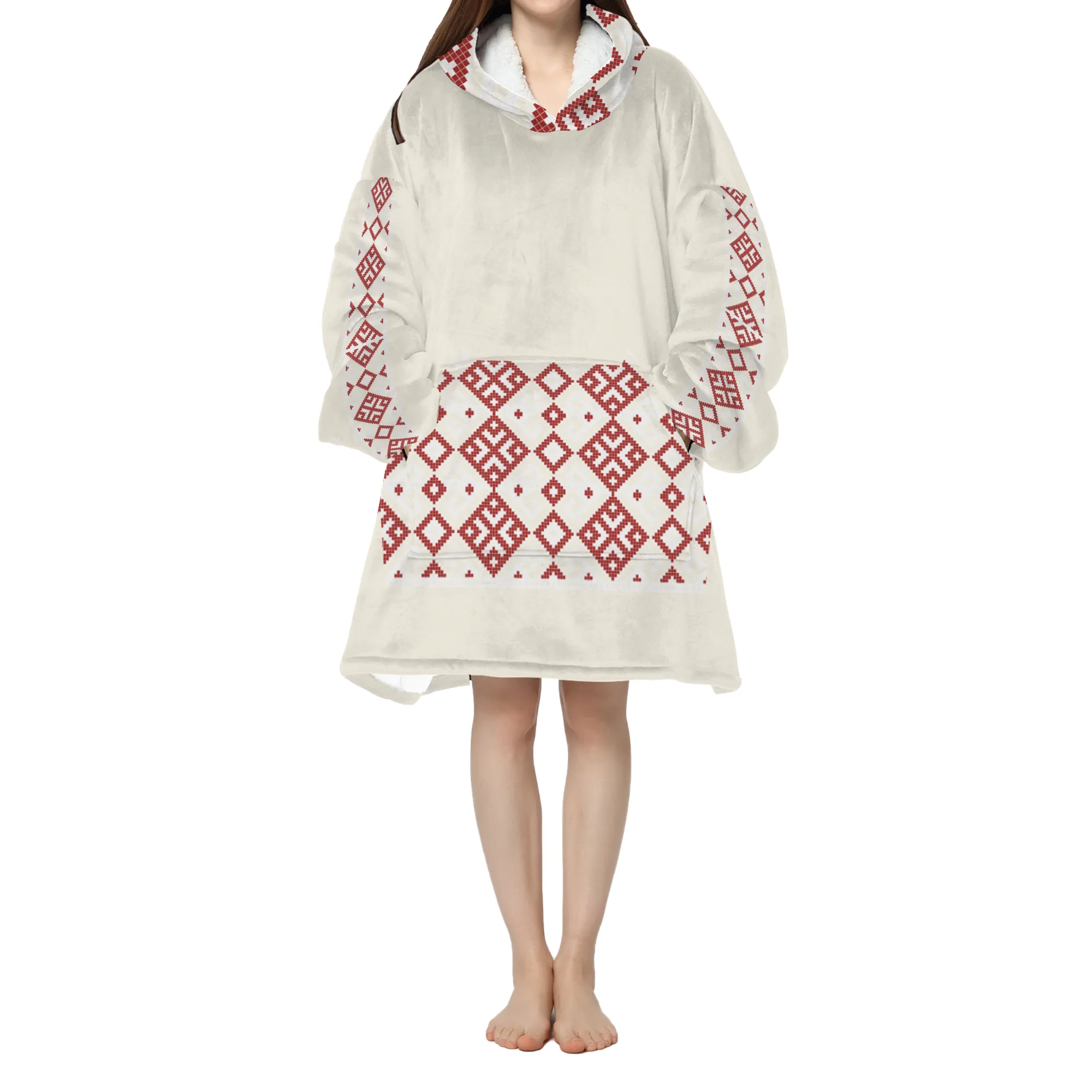 Embroidery Long Sherpa Hooded Blanket