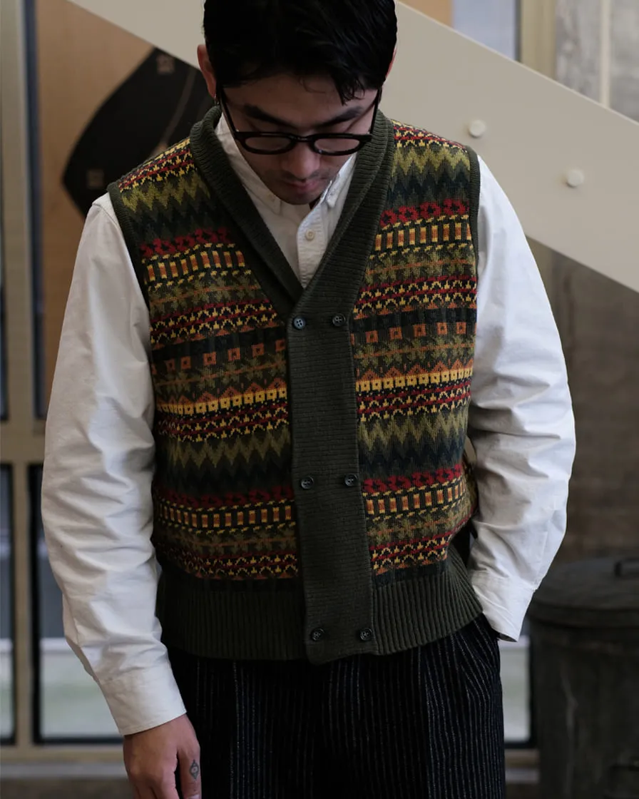 Fair Isle Sleeveless Shawl Collar Cardigan