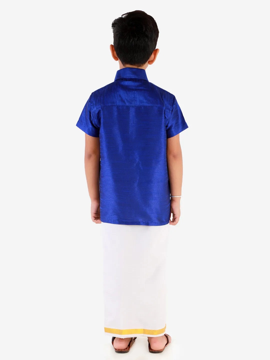 Jashvi Men's & Boys Blue Solid Silk Blend Half Sleeve Ethnic Shirt And Mundu Set