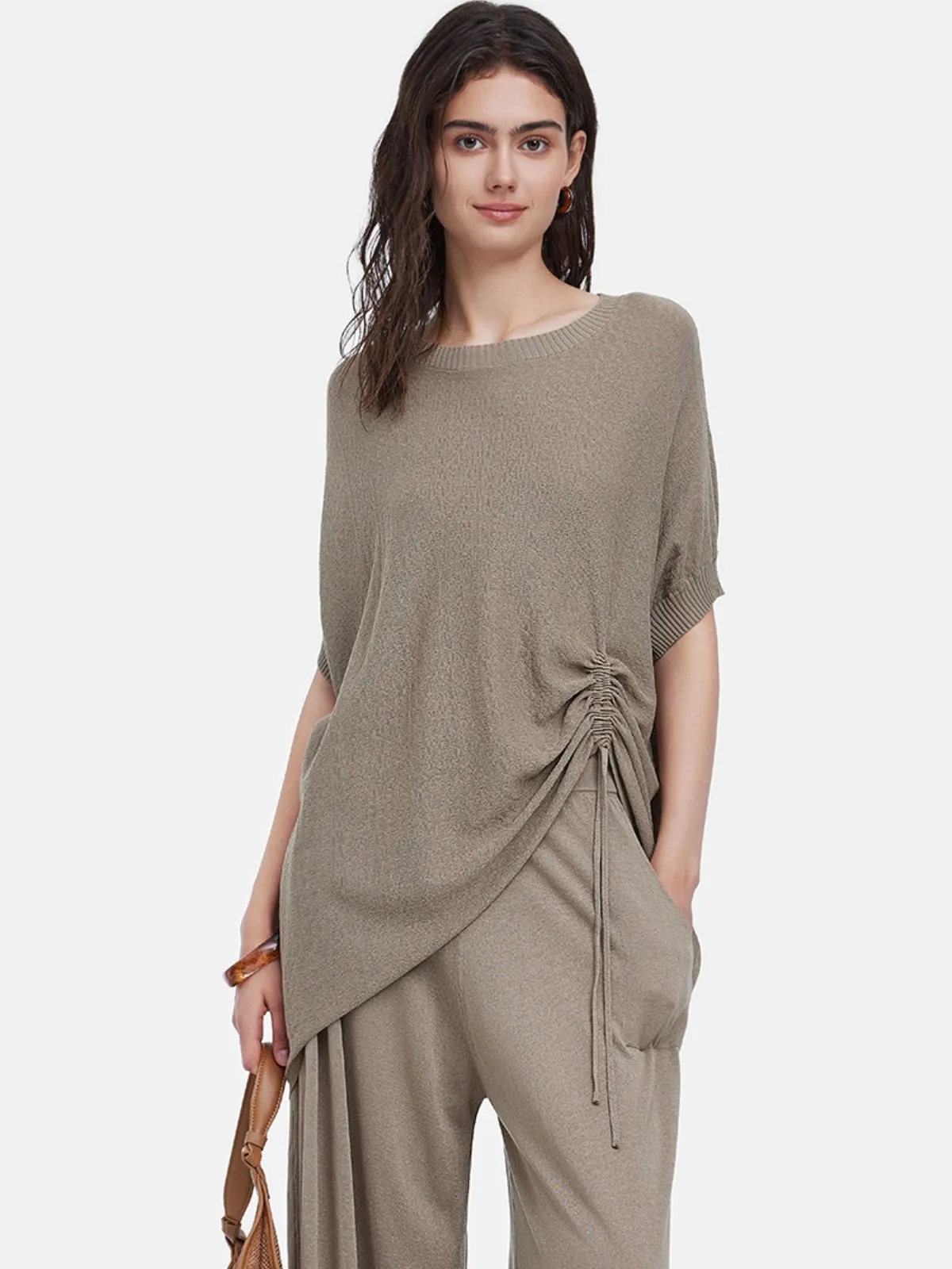 Knit Ruched Batwing Sleeve Tee