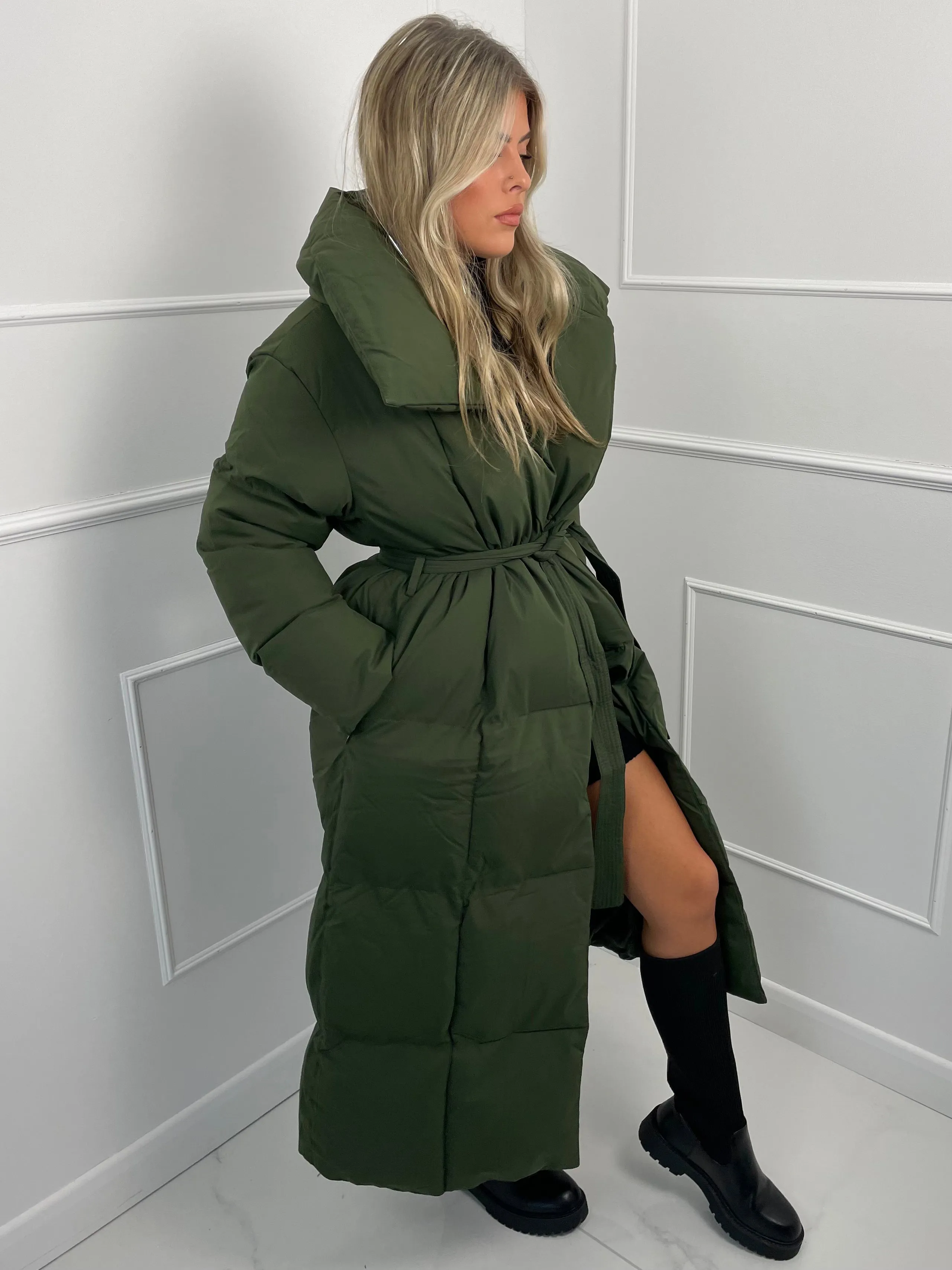 Long Belted Puffer Coat - Khaki