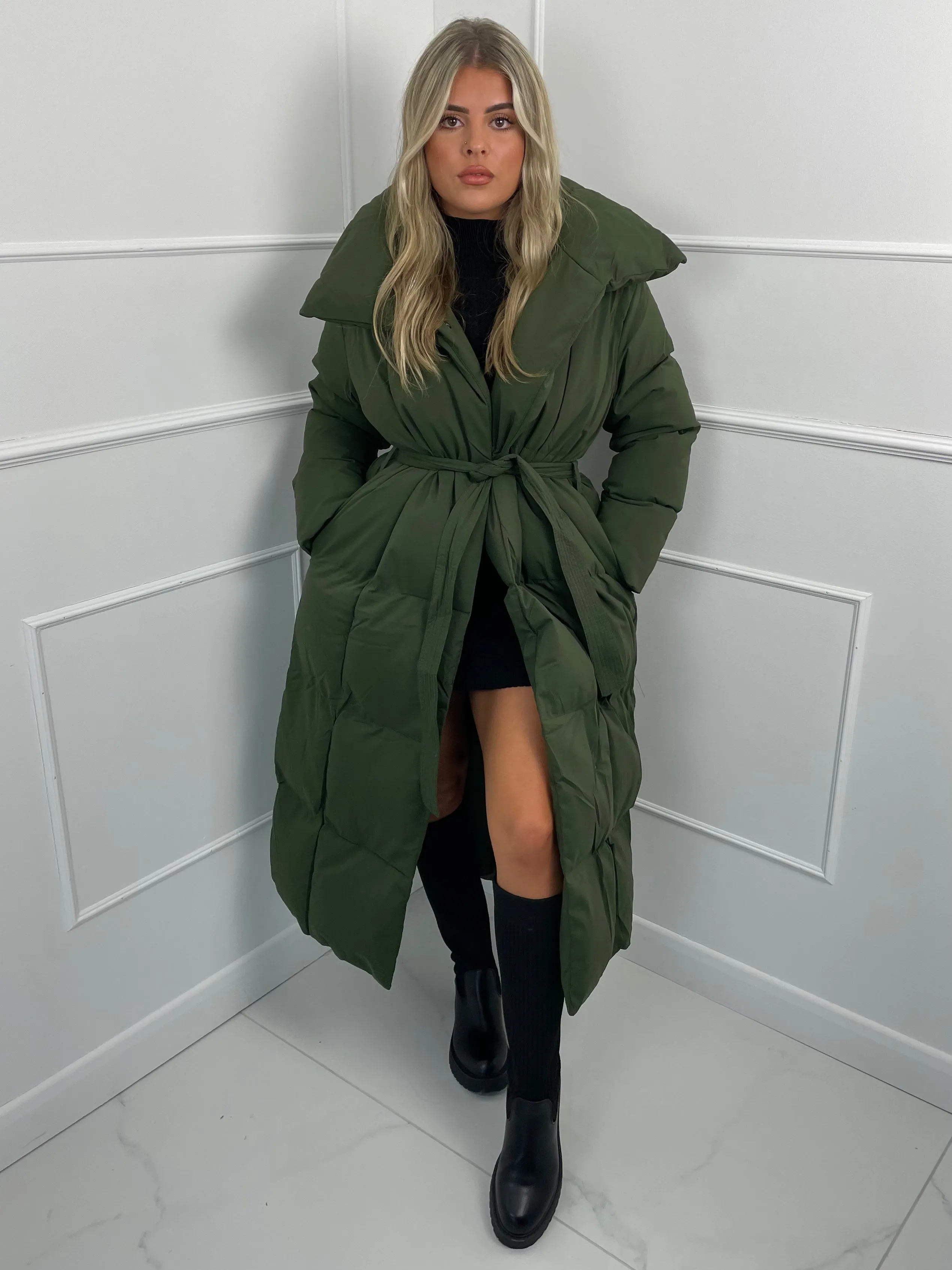 Long Belted Puffer Coat - Khaki