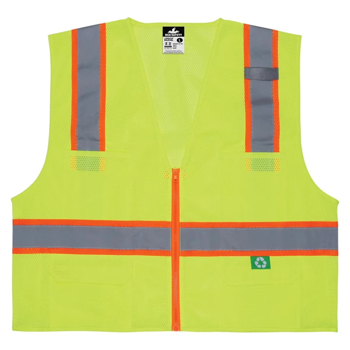 MCR Safety ANSI Class 2 Hi-Vis Recycled Materials Zipper-Front Surveyor Vest