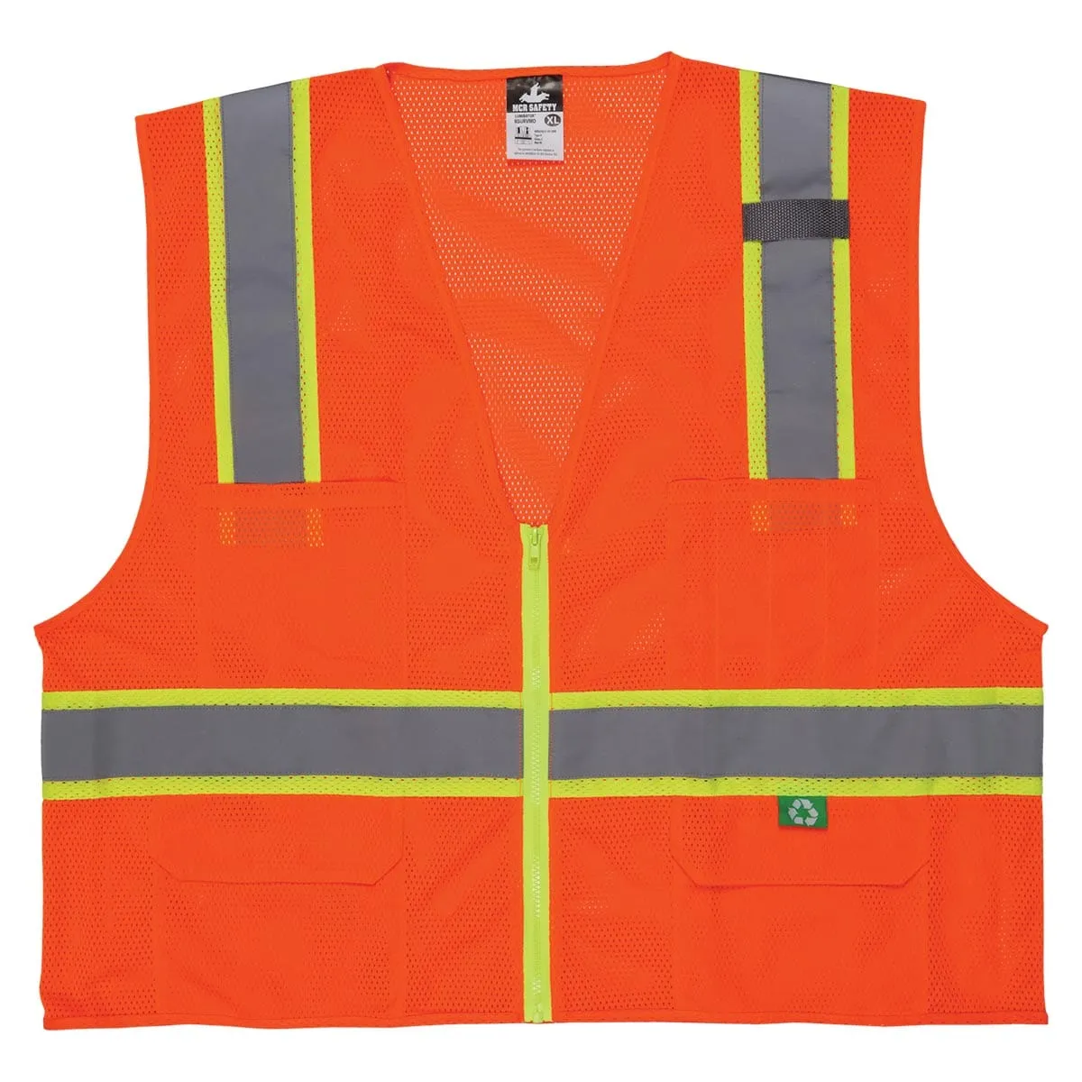 MCR Safety ANSI Class 2 Hi-Vis Recycled Materials Zipper-Front Surveyor Vest