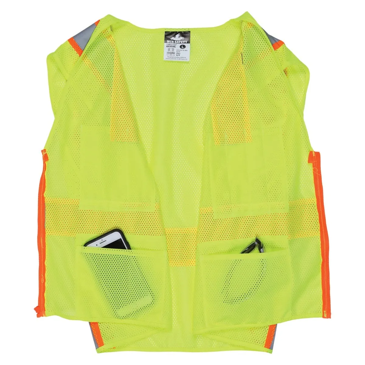 MCR Safety ANSI Class 2 Hi-Vis Recycled Materials Zipper-Front Surveyor Vest