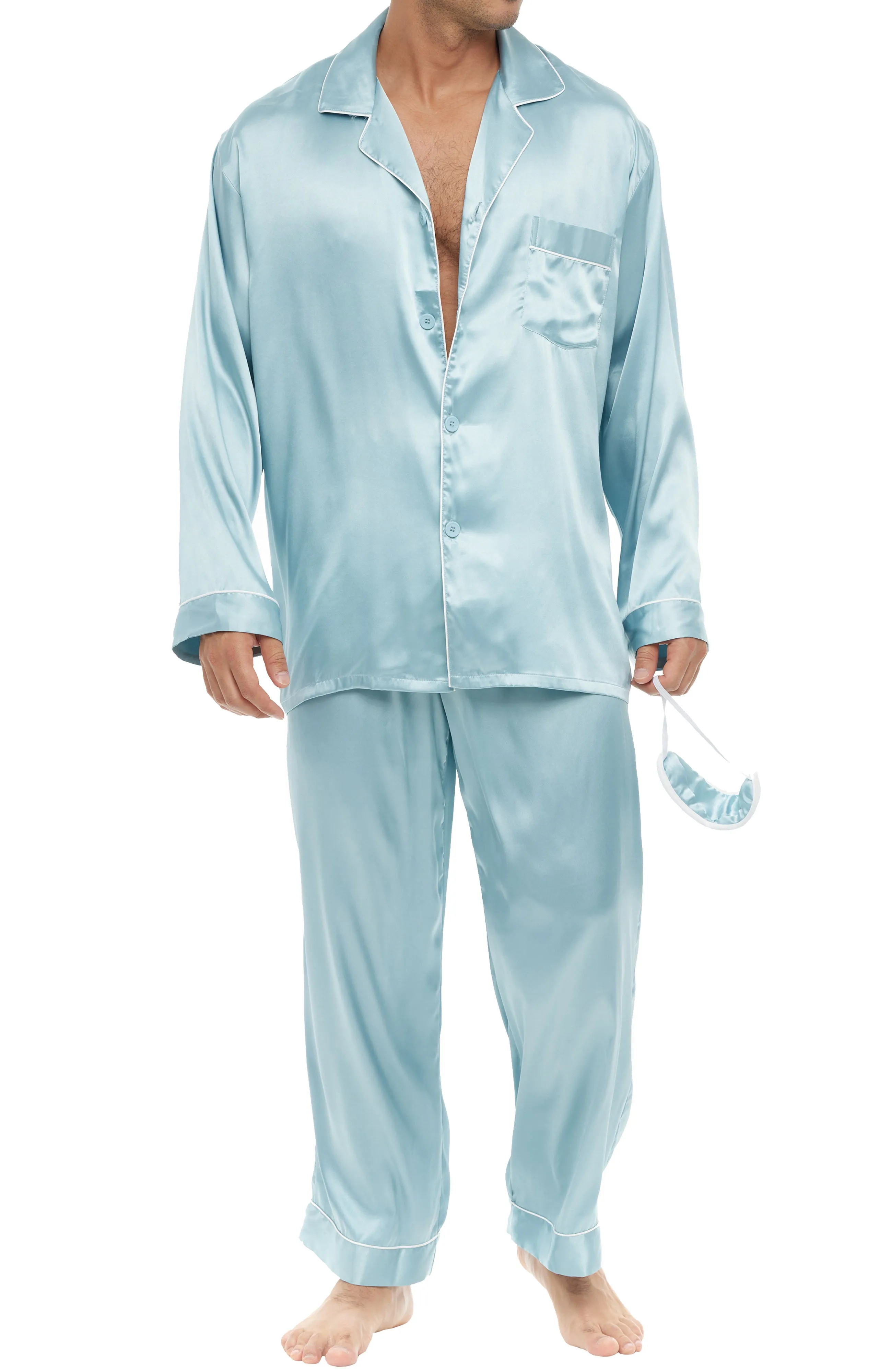 Men's Classic Satin Pajamas with Pockets, PJ and Matching Sleep Mask