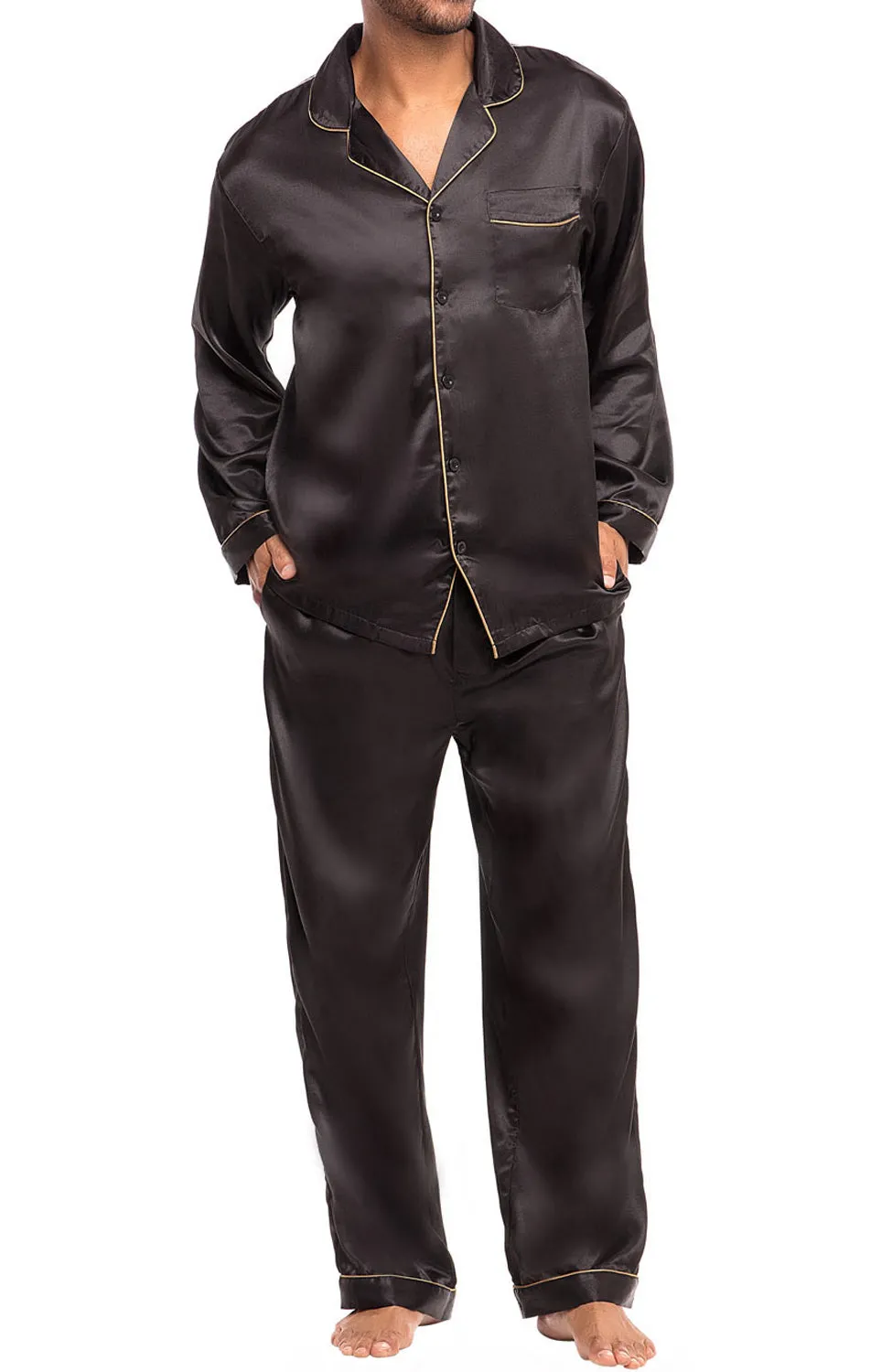 Men's Classic Satin Pajamas with Pockets, PJ and Matching Sleep Mask