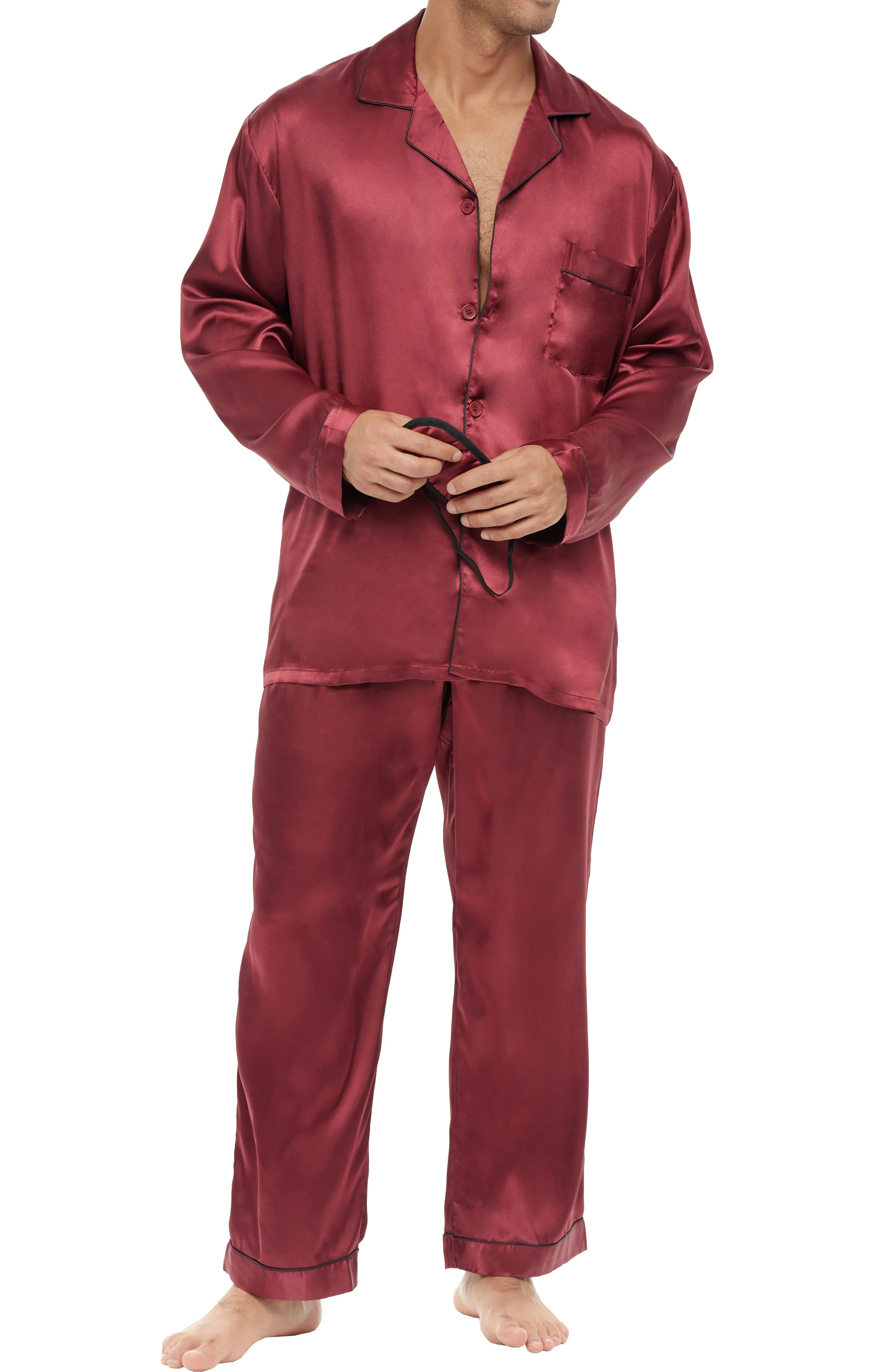 Men's Classic Satin Pajamas with Pockets, PJ and Matching Sleep Mask