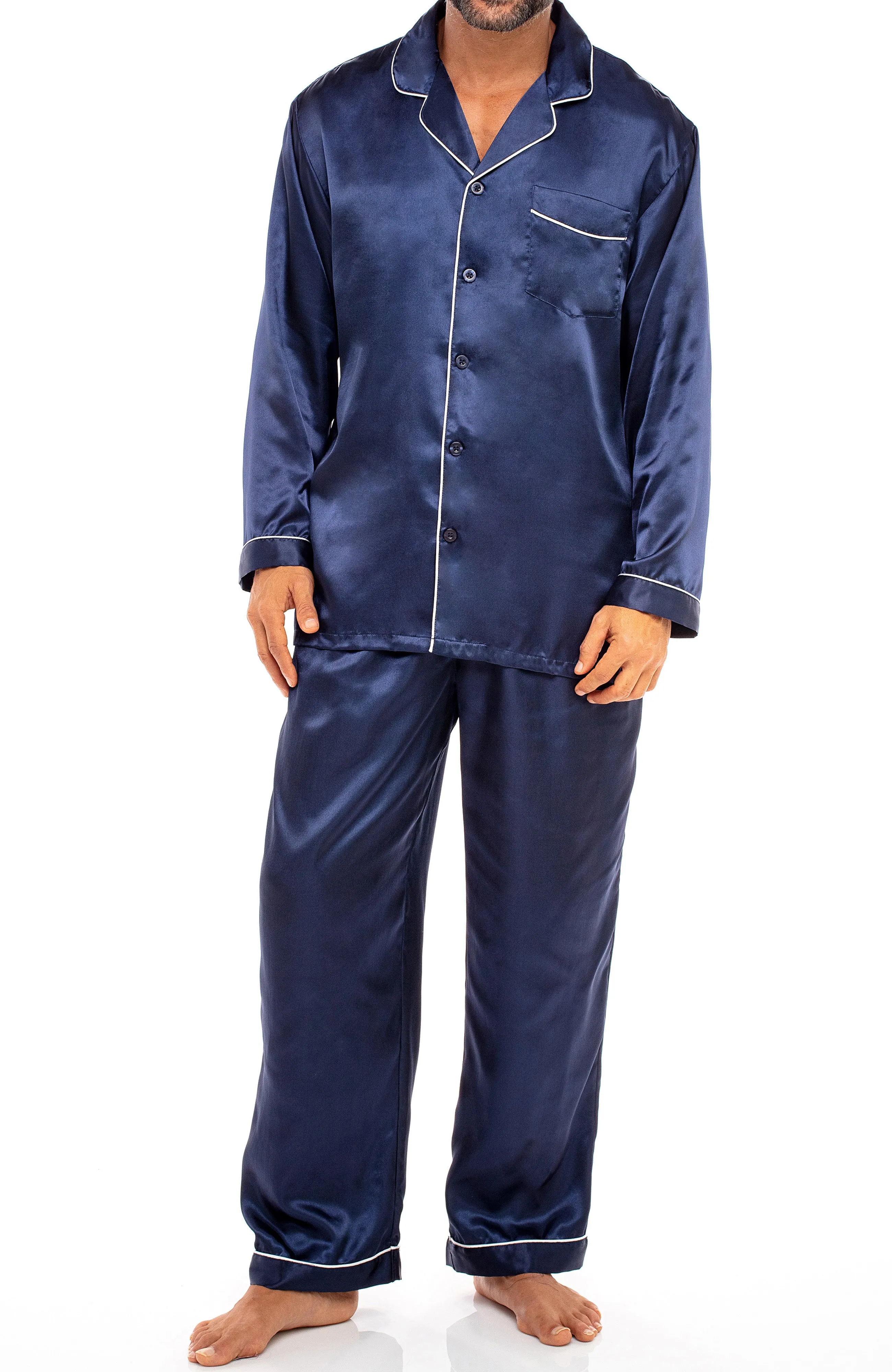 Men's Classic Satin Pajamas with Pockets, PJ and Matching Sleep Mask