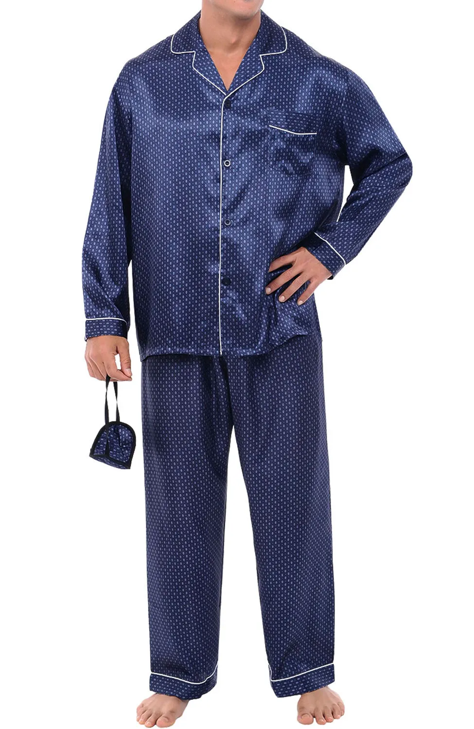 Men's Classic Satin Pajamas with Pockets, PJ and Matching Sleep Mask