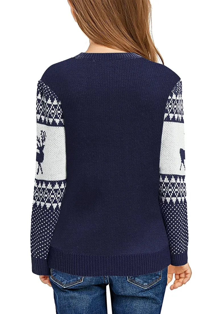 Navy Blue Crew Neck Reindeer Girl's Christmas Sweater