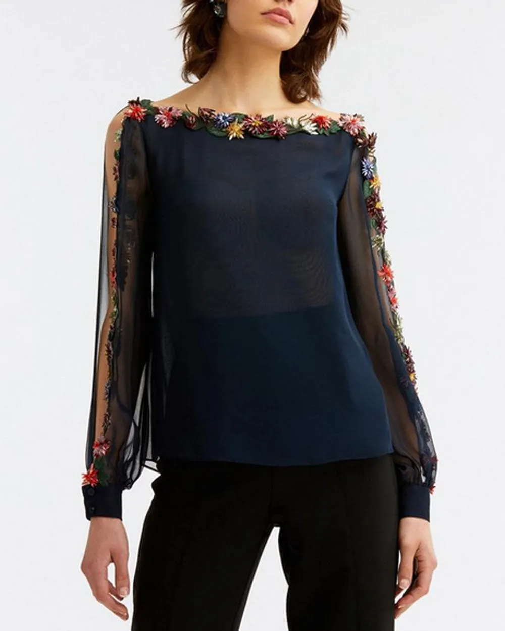 Navy Embellished Bateau Neck Blouse