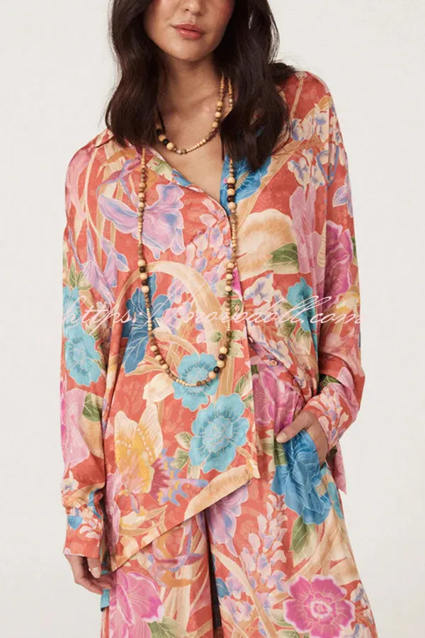 Painter's Garden Boho Floral Print Button Long Sleeve Relaxed Blouse