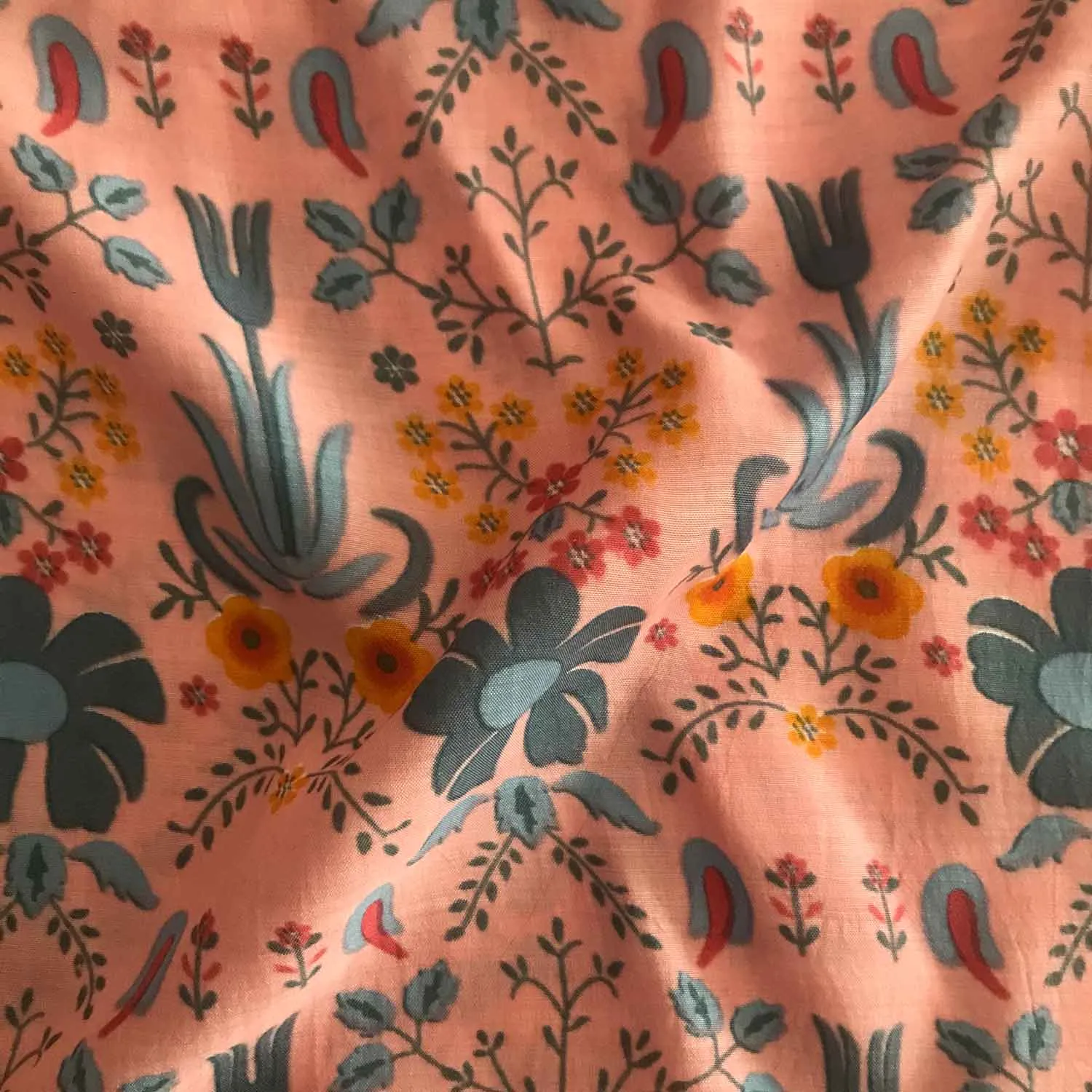 Peach Multicolour Flowers Viscose Muslin Fabric