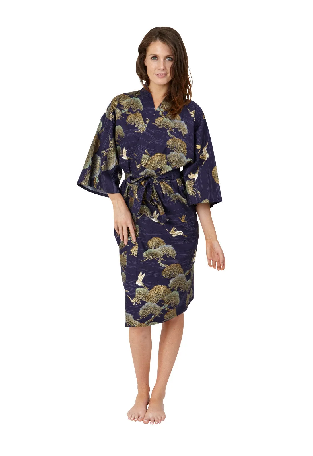 Pines & Cranes Womens Short Cotton Kimono