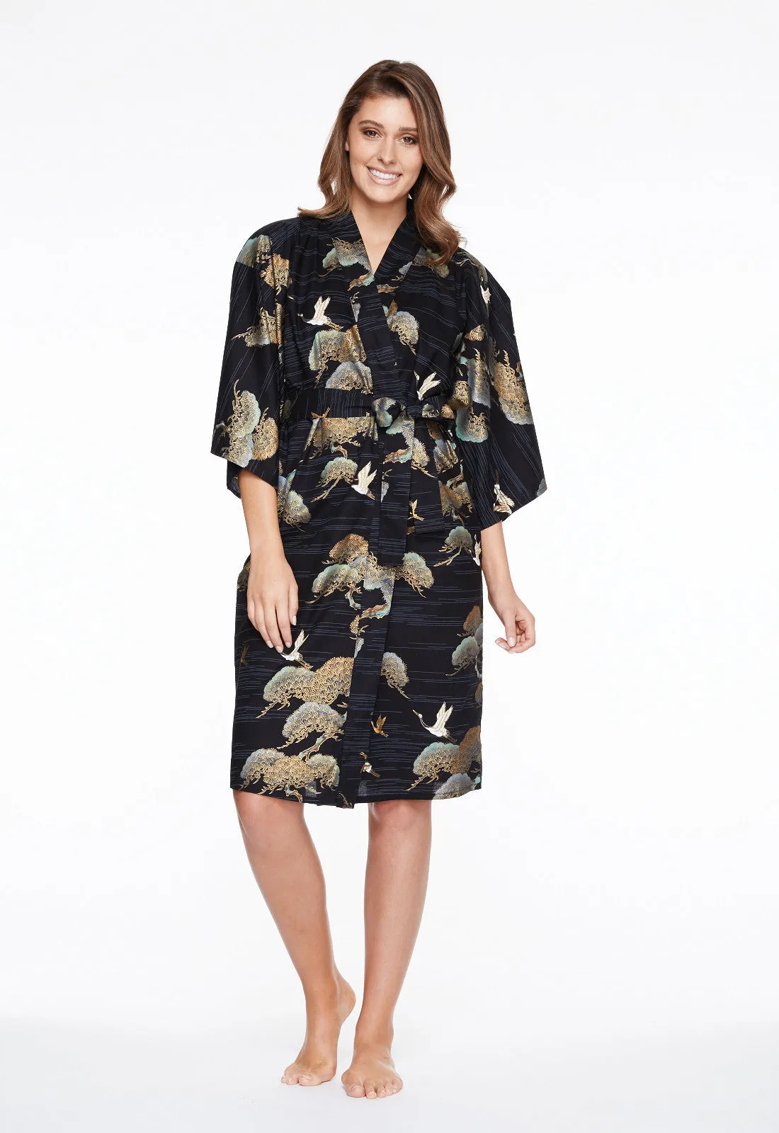 Pines & Cranes Womens Short Cotton Kimono