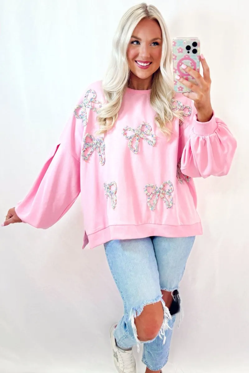 Pink Embroidered Bows Oversized Sweatshirt