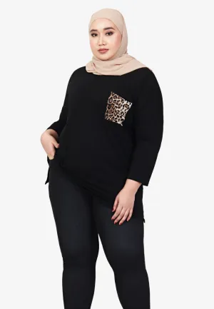 Poetri Black Printed Pocket Tee - Big Leopard