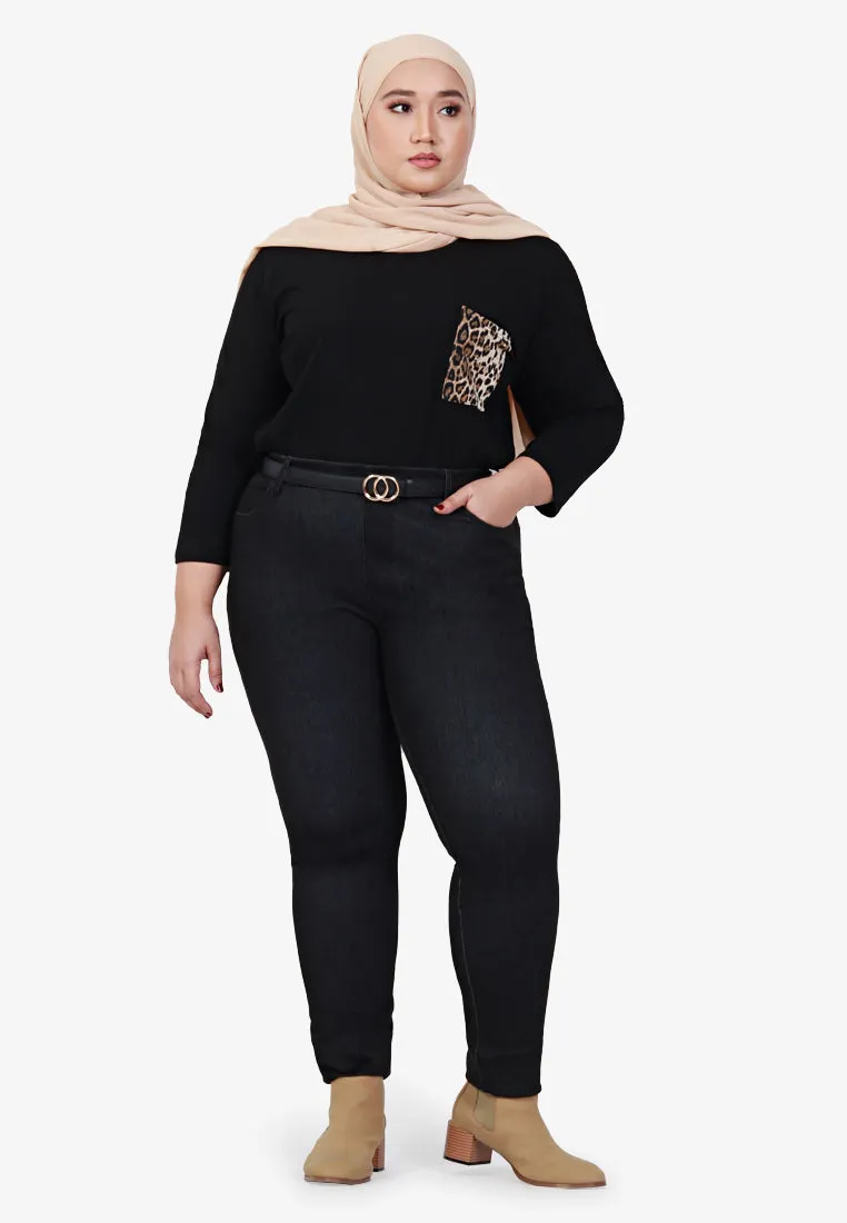 Poetri Black Printed Pocket Tee - Big Leopard