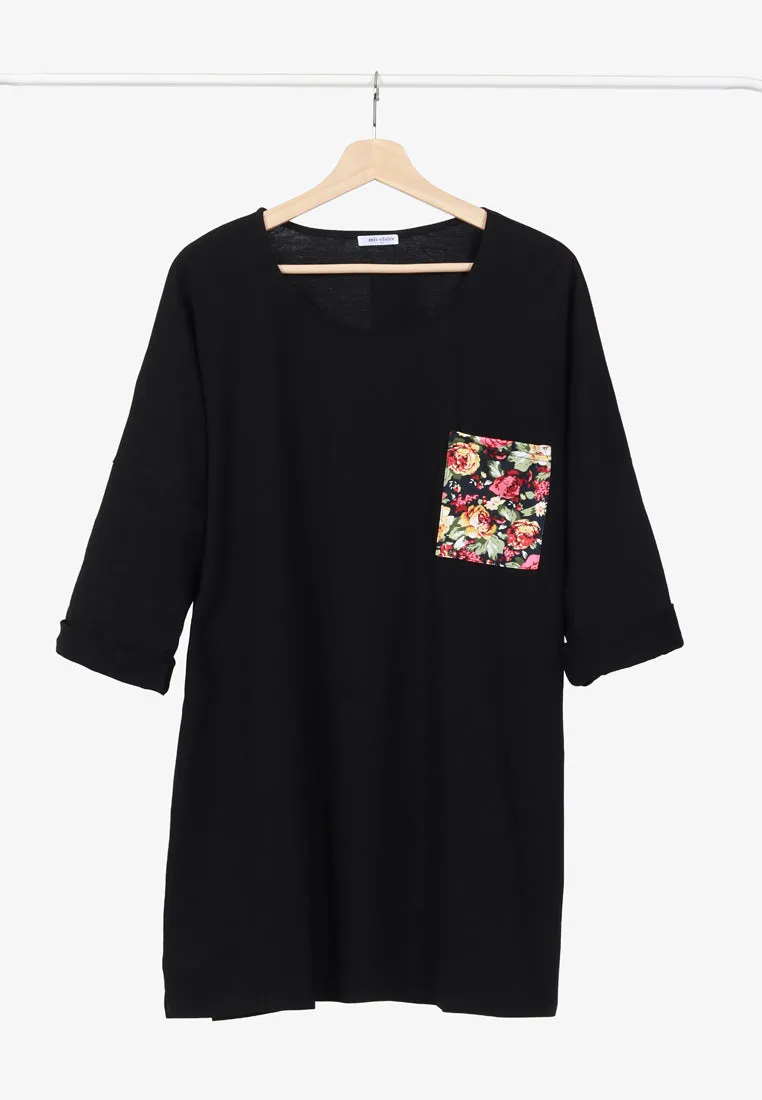 Poetri Black Printed Pocket Tee - Blue Floral