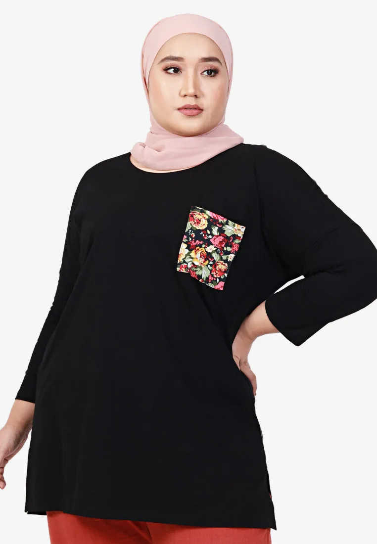 Poetri Black Printed Pocket Tee - Red Floral